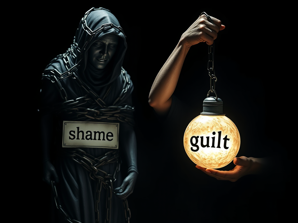 ️ Image Prompt: Two figures: one with chains labeled “shame” wrapped around their whole body, and another with only a glowing weight in their hand labeled “guilt,” ready to drop it.