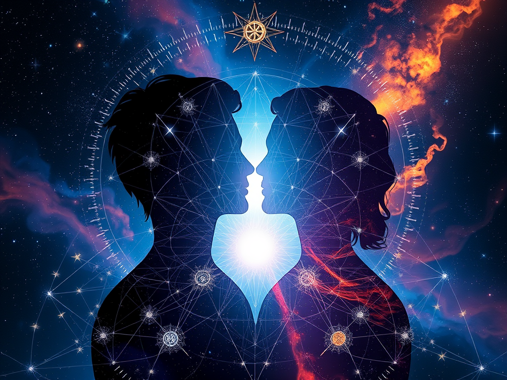 Image Prompt: "Two overlapping silhouettes made of stars and light, merging into one glowing figure, surrounded by cosmic patterns and sacred geometry."