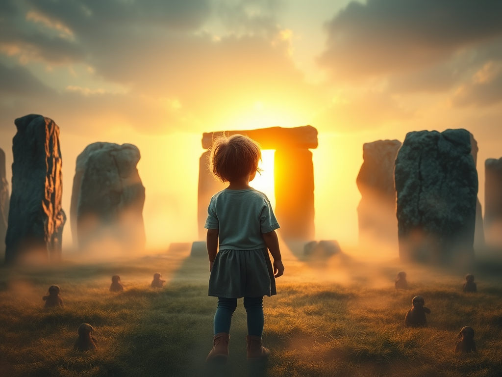  (Section 8): A stone circle at dawn, mist swirling. Beneath the ground, faint glowing figures of giants and fairies sleep, while above a child gazes at the stones in awe.
