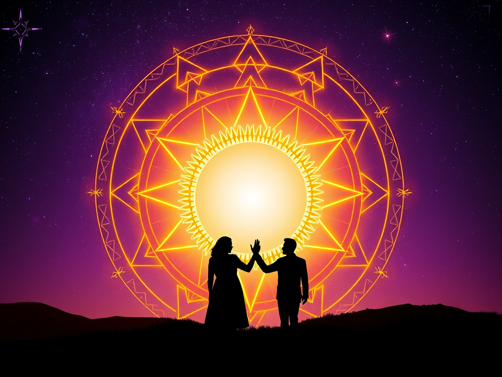 "Silhouettes of people standing hand in hand in a glowing circle, golden light radiating from their center, starry purple sky above with faint sacred geometry symbols, cosmic spiritual atmosphere."