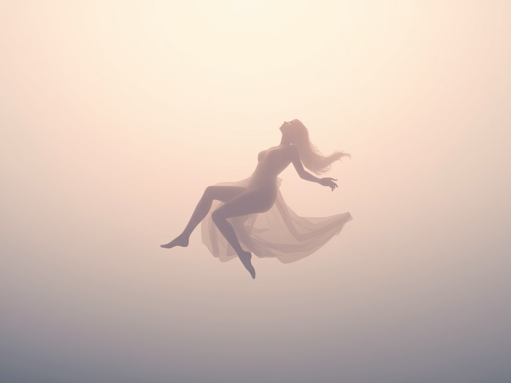“Soft pastel-hued silhouette rising from a prone body, translucent double figure drifting upward in dreamlike serenity.”