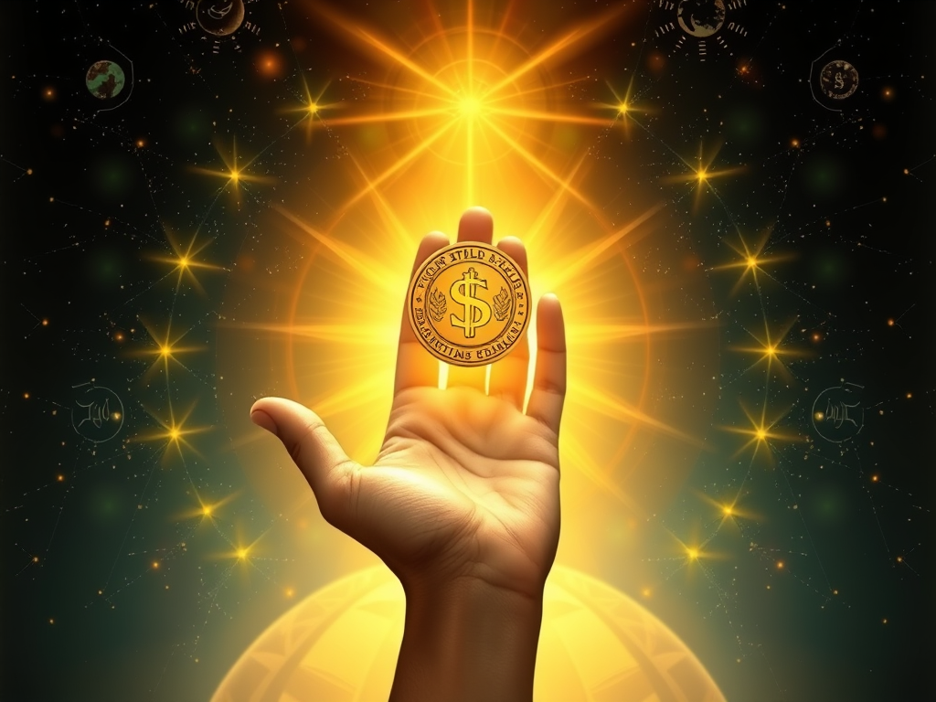 . Spiritual Economics: What Money Really Is
Prompt:
A hand offering a glowing coin surrounded by light and sacred symbols, exchanging it with a farmer holding fresh produce, cosmic background hinting at energetic flow, symbolizing spiritual money exchange, divine economics, golden aura.