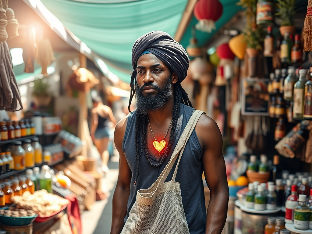 The Return of the Sacred Consumer
Prompt:
A conscious shopper walking through a vibrant open-air market surrounded by handmade goods, herbal remedies, and spiritual items, their heart glowing, holding a reusable bag, divine light following them as they make ethical choices.

