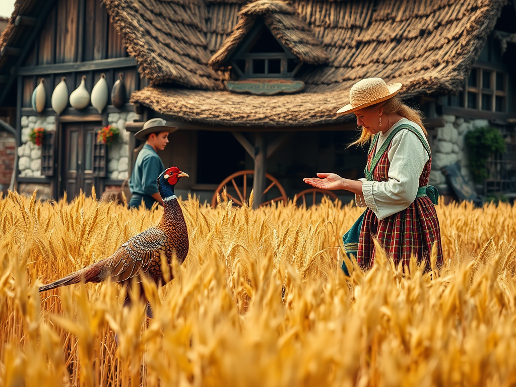 Vintage-style folk scene of a pheasant walking through golden wheat fields beside a traditional cottage, a woman feeding it with reverence, magical aura surrounding them, storytelling ambiance, rustic charm, soft folklore palette