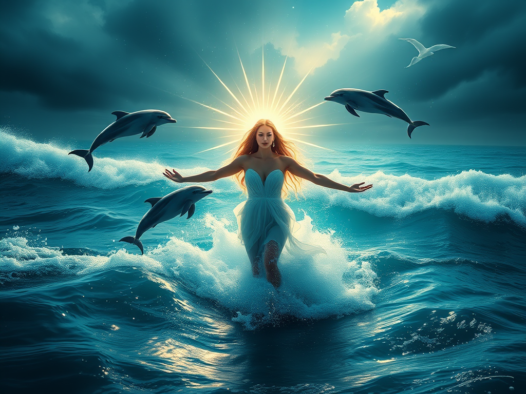  Why the Authentic Feminine is Unstoppable
A radiant goddess standing waist-deep in the ocean, glowing with light, her waves calming the storm around her while dolphins leap nearby in harmony.