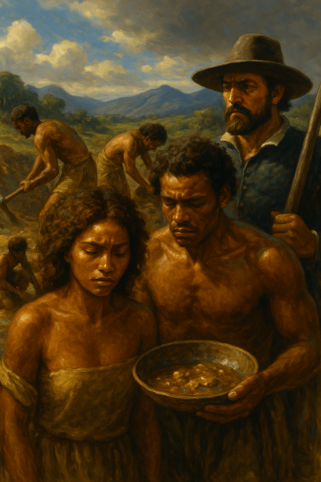 Arawak people forced into gold mining under European colonial control.