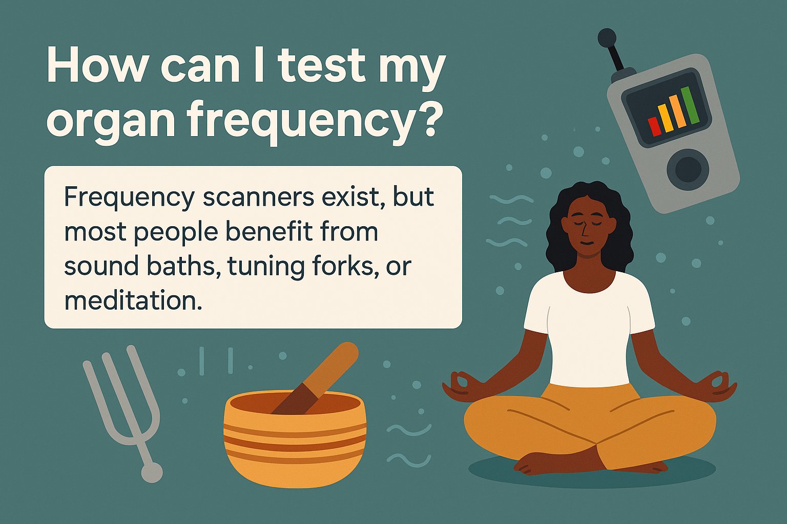 Person with crystal singing bowls; sound waves tuning and scanning organ frequency.
