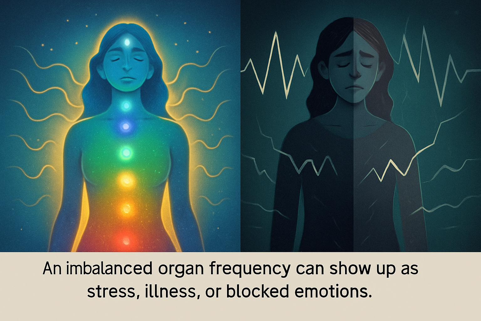 Split figure: one side bright and coherent, other dim with jagged waves—imbalanced organ frequency.