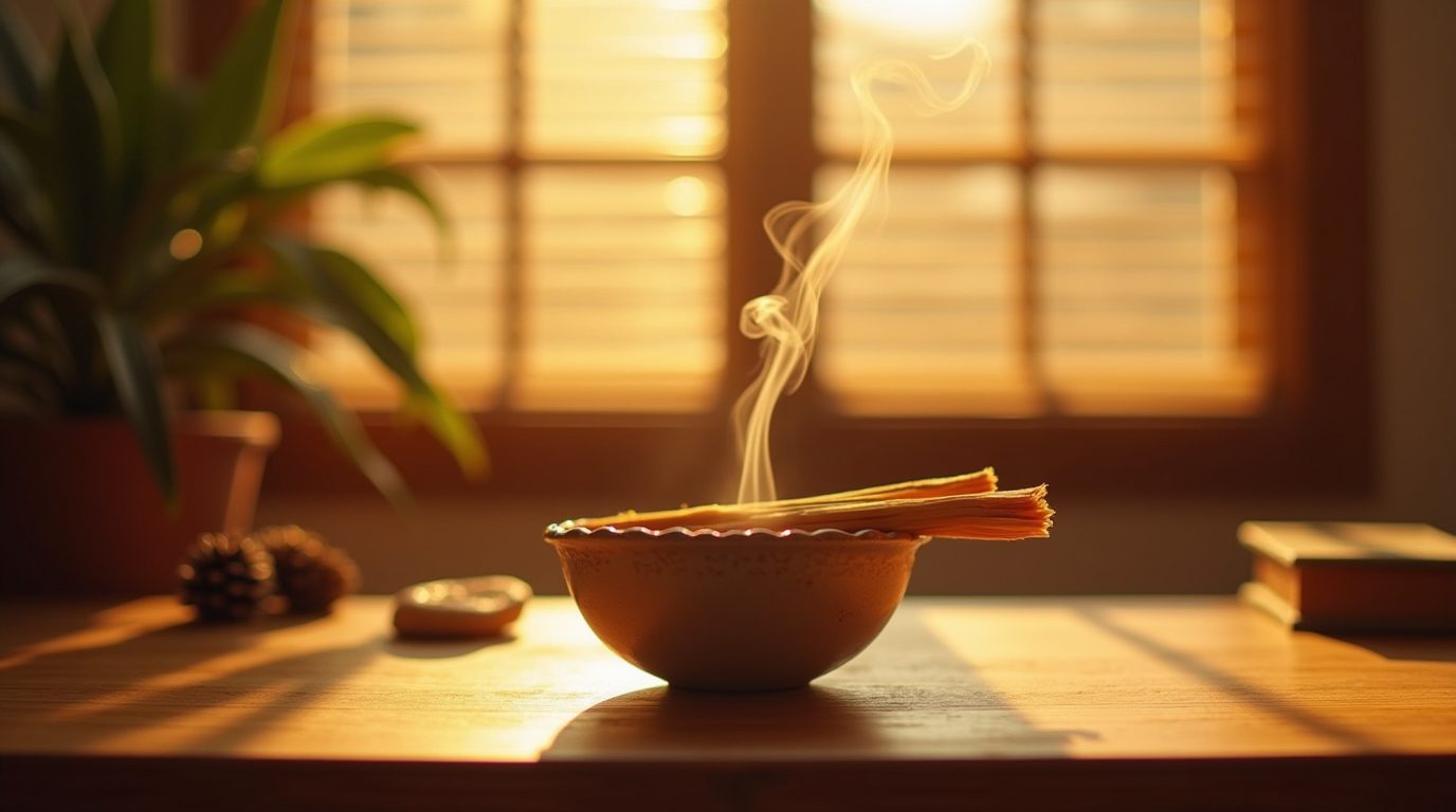 The Lost Truths of the Arawak People Revealed | Arawak History & Spirituality 10 Smouldering palo santo stick releasing fragrant smoke over a sacred altar.