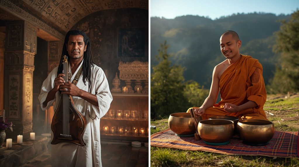 Spiritual healer in ancient temple using sound resonance with chanting and singing bowls for organ frequency alignment.