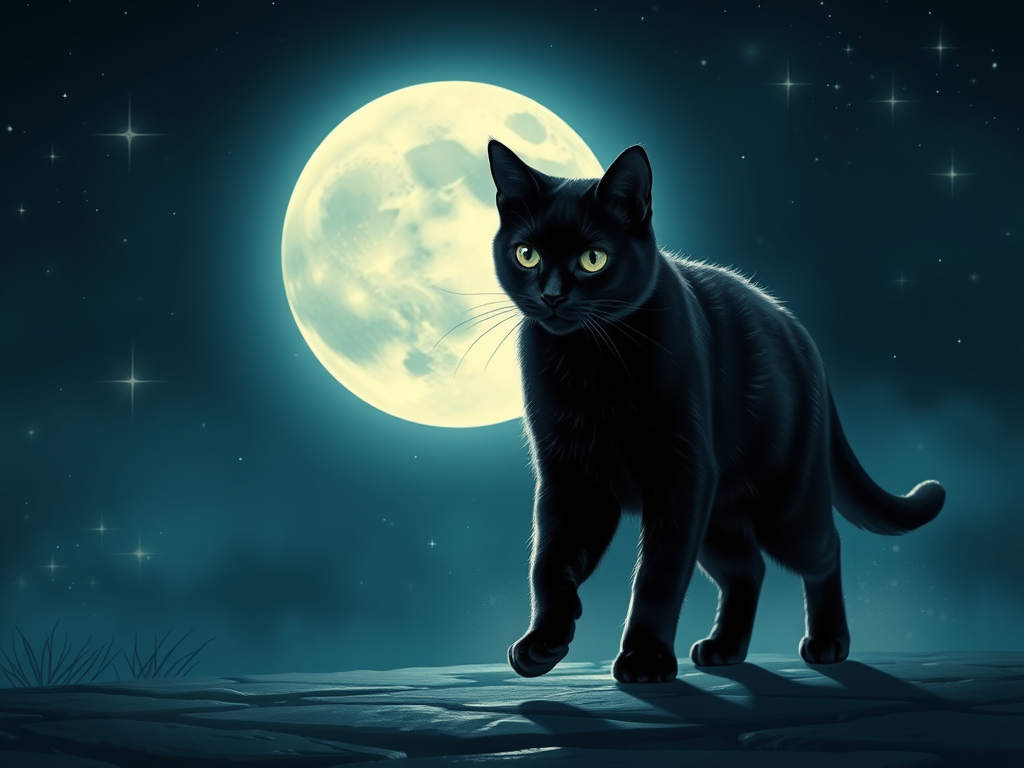 🐈 Why Cats Take the Night Shift: The Spiritual Meaning Behind Their Daytime Sleep 5 A black cat walking gracefully under a glowing full moon, with stars sparkling in the background.