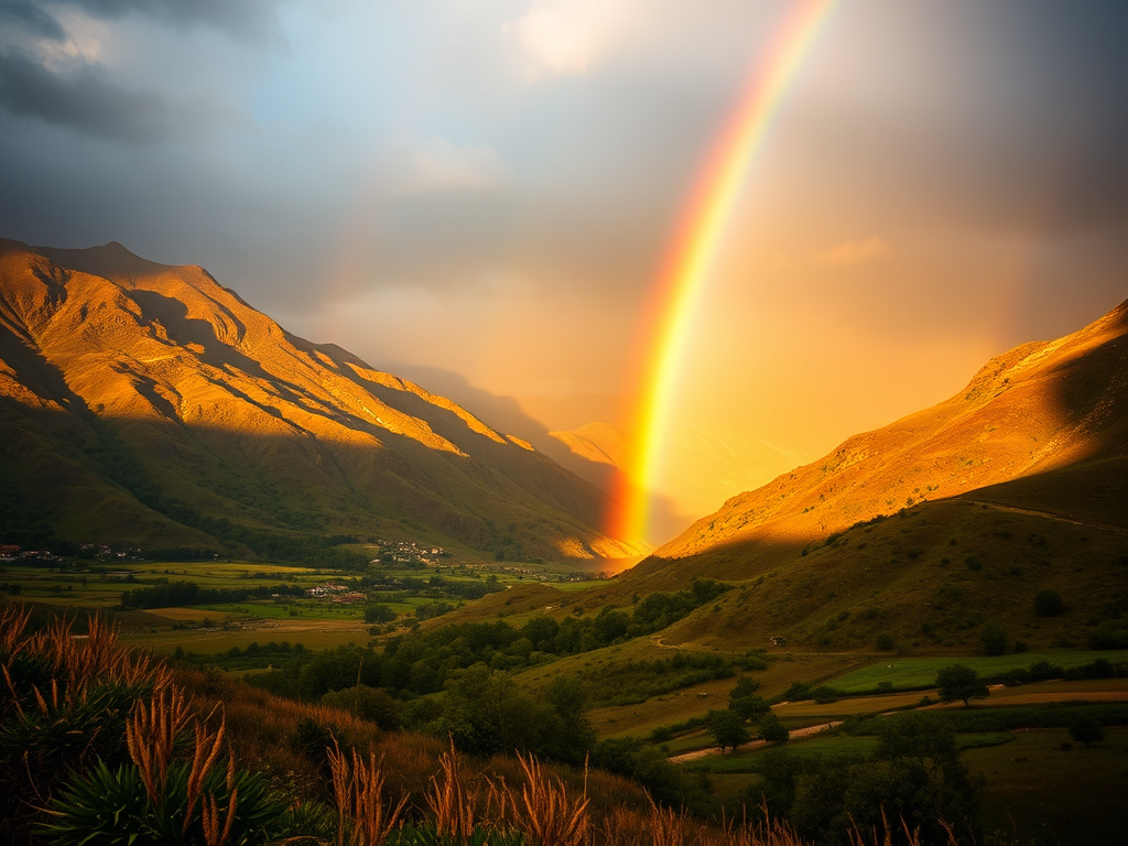 “Spiritual meaning of double rainbows over mountain landscape”