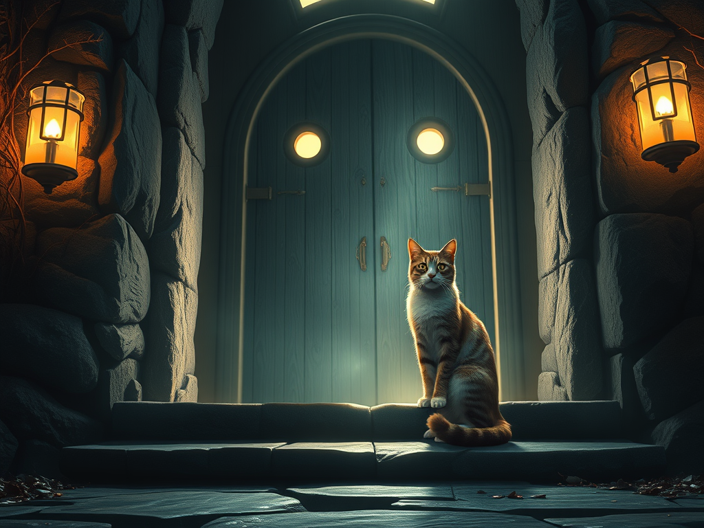🐈 Why Cats Take the Night Shift: The Spiritual Meaning Behind Their Daytime Sleep 6 A cat sitting on a mystical doorway threshold, glowing faintly, guarding the passage.