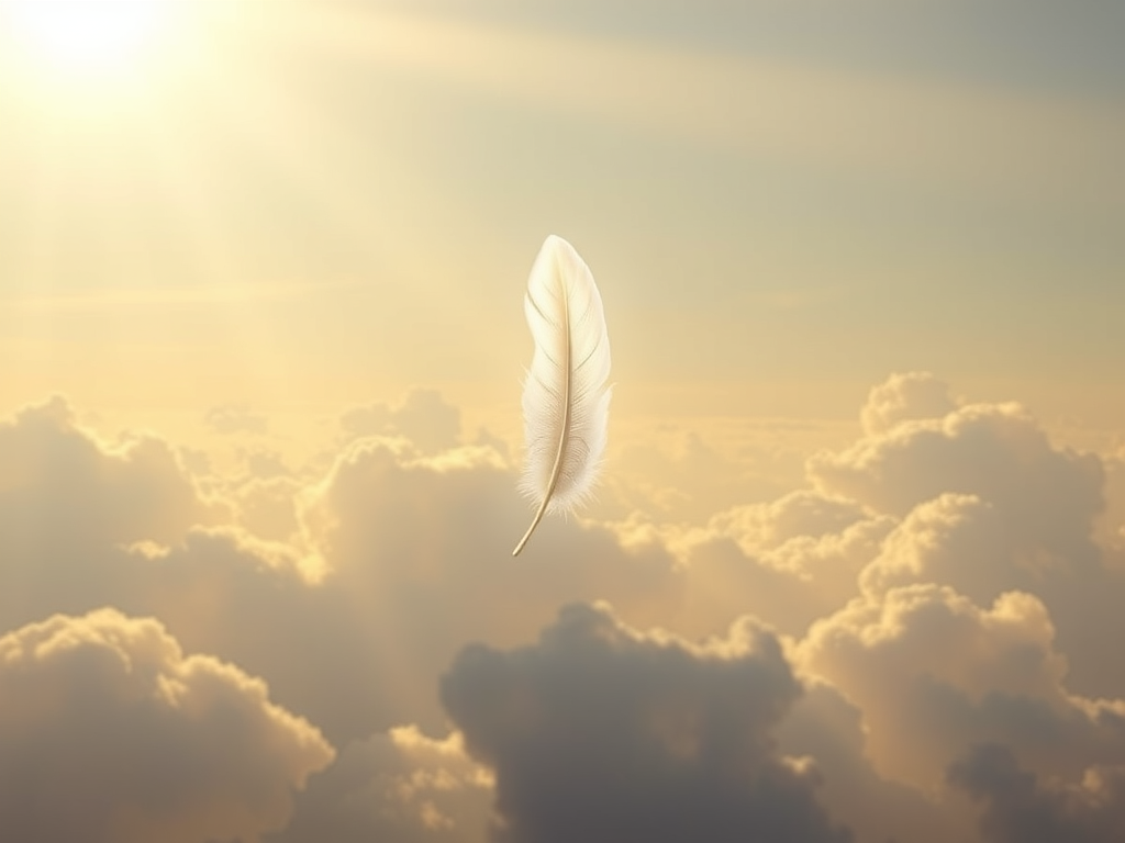 A glowing white feather floating upward toward the sky, golden rays shining through clouds, symbolizing a divine message being delivered to heaven.