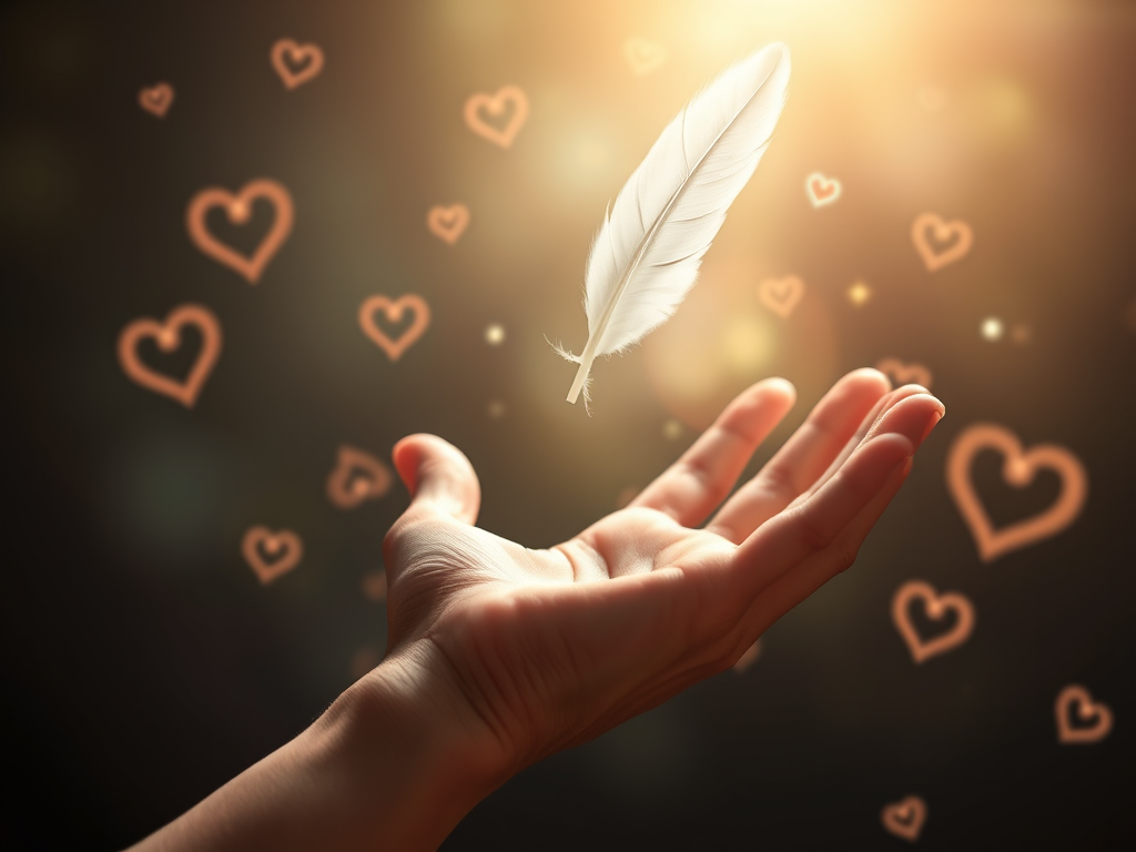 A mystical hand reaching toward a floating white feather in the air, with symbols of protection, hearts, and light energy circling around it, showing divine guidance.