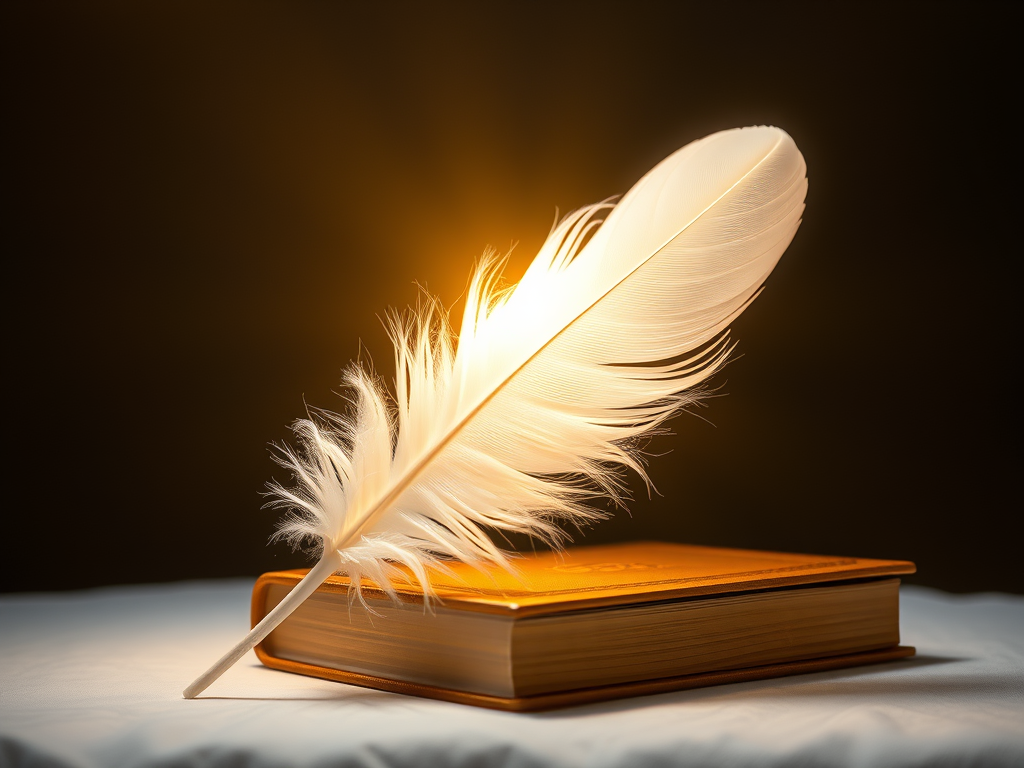 A pure white feather resting on a glowing golden book of wisdom, angelic light shining down, symbolizing purity, innocence, and divine protection.
