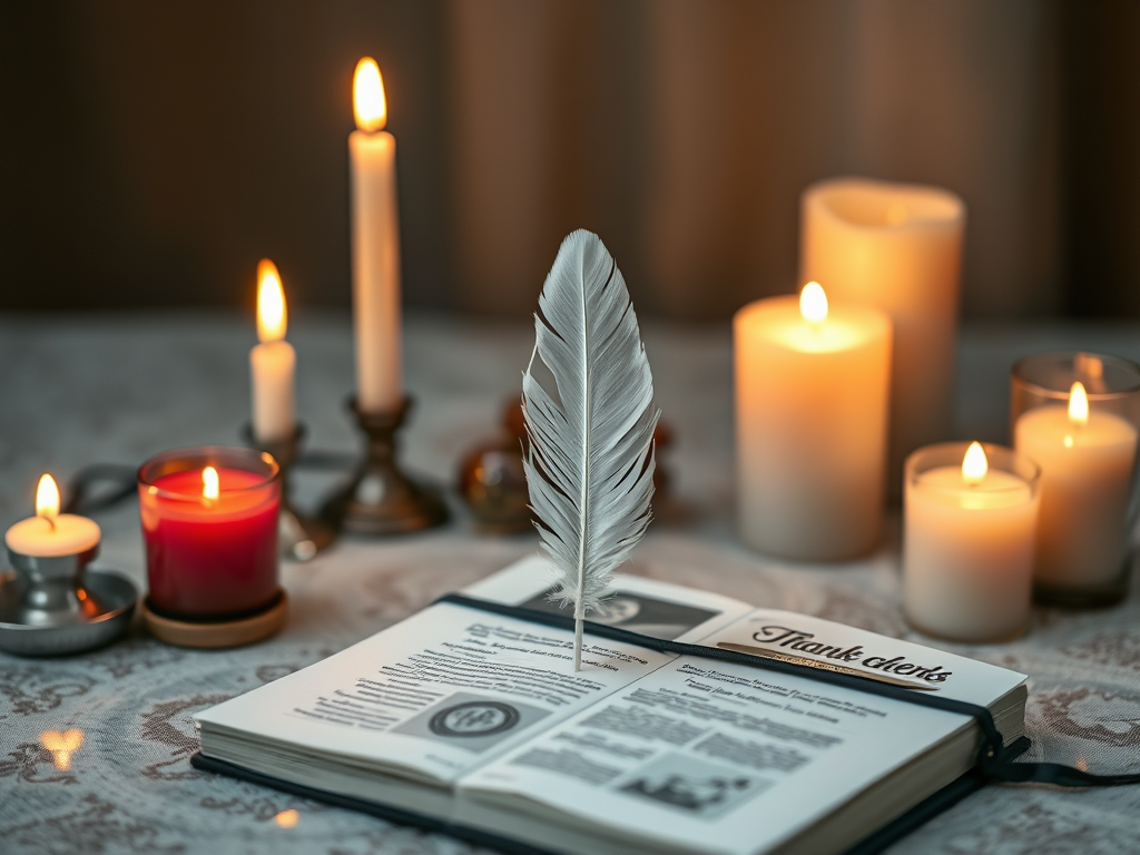 A sacred altar with candles, a journal, and a tiny white feather placed at the center, glowing faintly, symbolizing reflection and gratitude.