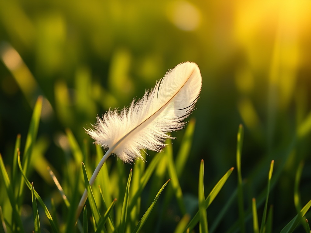A small, delicate white feather glowing softly in the sunlight, floating above lush green grass, with a radiant golden aura surrounding it, symbolizing divine presence.