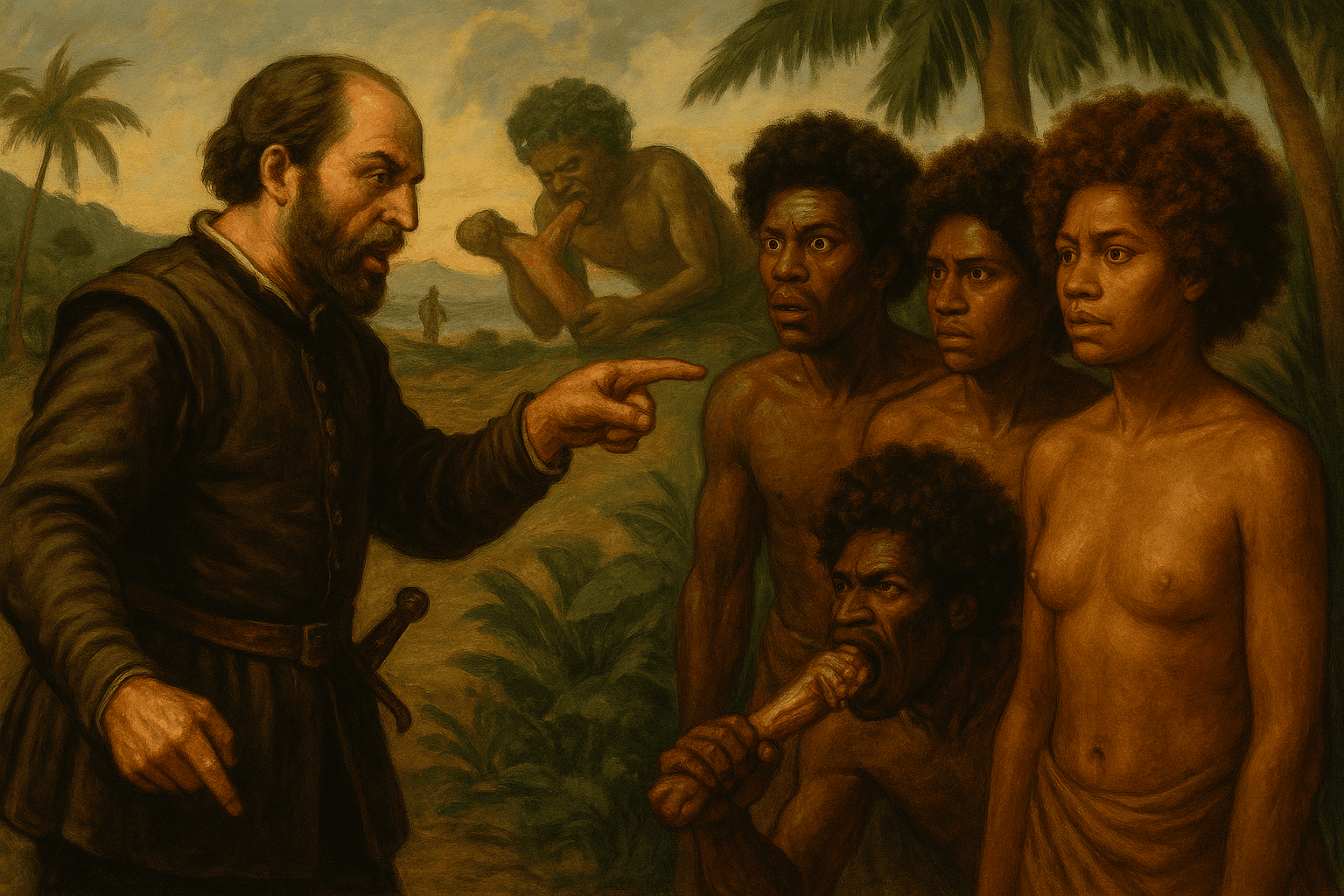 Colonial explorer accusing peaceful Arawak people of cannibalism — a fabricated justification for conquest.