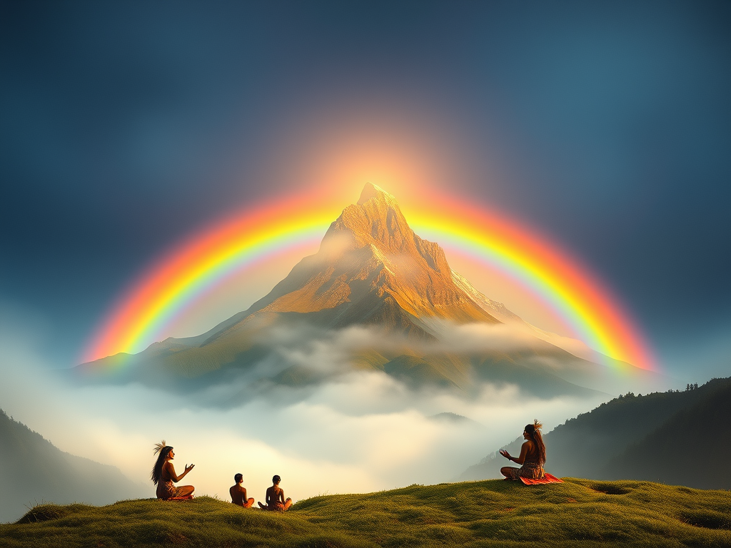 “Dreamlike painting of a double rainbow over a misty mountain with indigenous figures engaged in ceremony or meditation, mystical.”