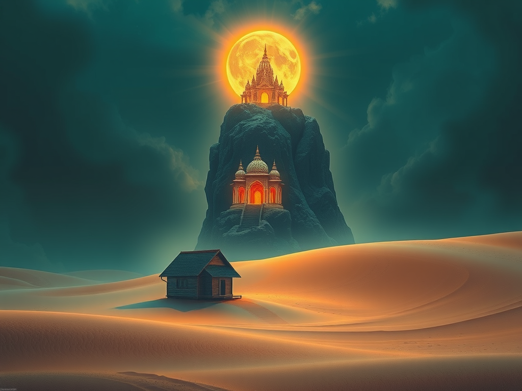 🖼️ Image Prompt: A dreamscape: one house sinking in sand, another temple glowing on rock.