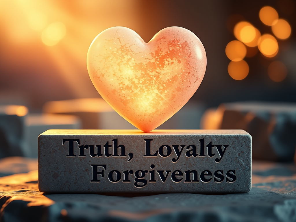 🖼️ Image Prompt: A glowing heart resting on stone blocks engraved “Truth, Loyalty, Forgiveness.”