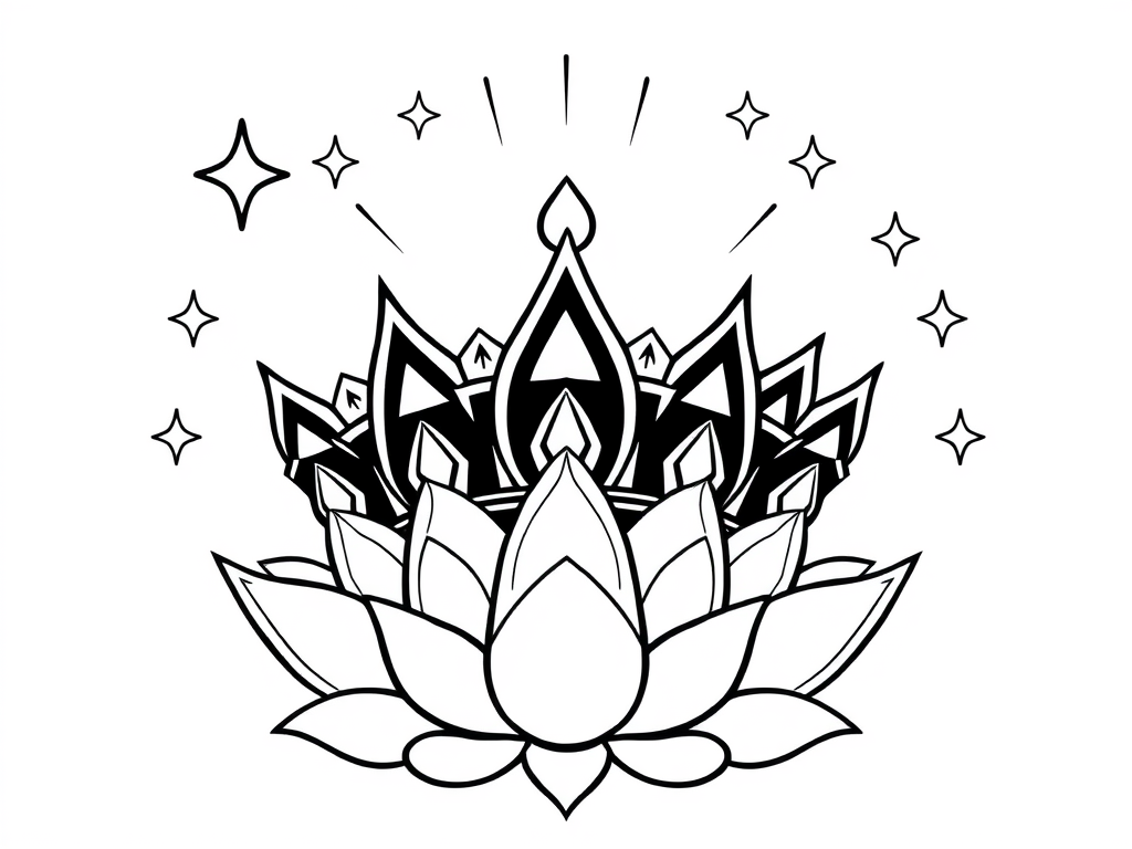The Spiritual Meanings of Coloring and Painting: Healing Through Color Across Cultures 13 🖼️ Image Prompt: “Black-and-white outline of a glowing crown surrounded by stars and a lotus flower, symbolizing wisdom and enlightenment.