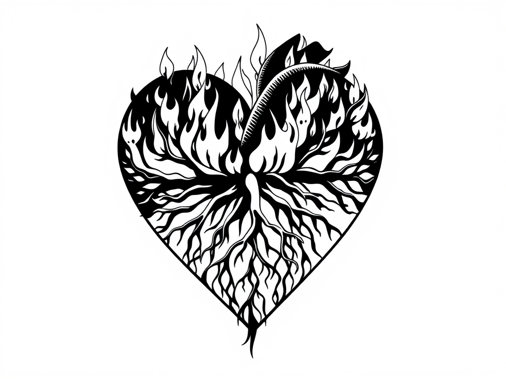 The Spiritual Meanings of Coloring and Painting: Healing Through Color Across Cultures 8 “Black-and-white outline of a large heart filled with flames and roots, representing passion and grounding.”