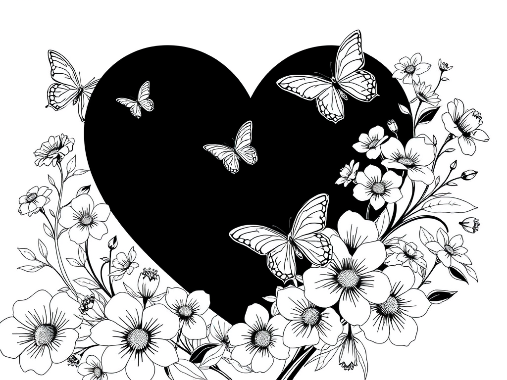 The Spiritual Meanings of Coloring and Painting: Healing Through Color Across Cultures 14 🖼️ Image Prompt: “Black-and-white outline of a large heart surrounded by blooming flowers and butterflies, symbolizing love and compassion.