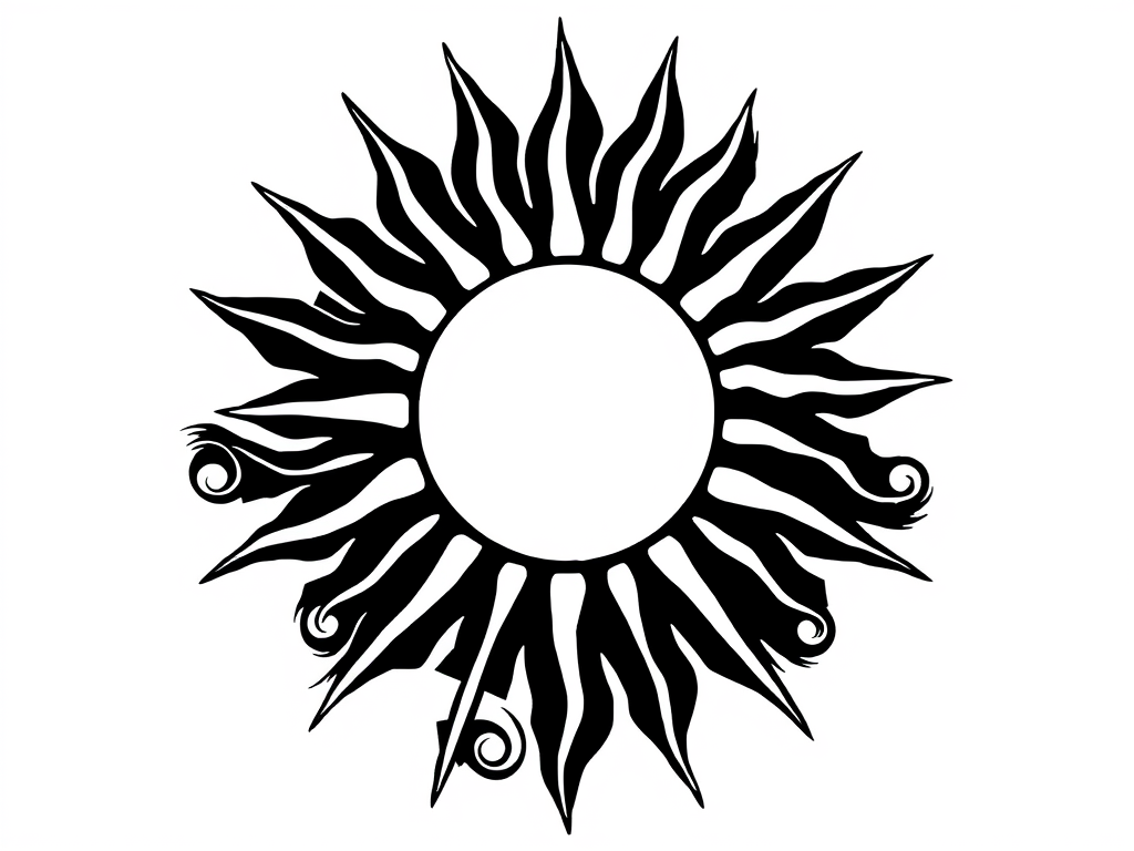 The Spiritual Meanings of Coloring and Painting: Healing Through Color Across Cultures 9 “Black-and-white outline of a radiant sun surrounded by swirling patterns, with space for coloring orange rays.”