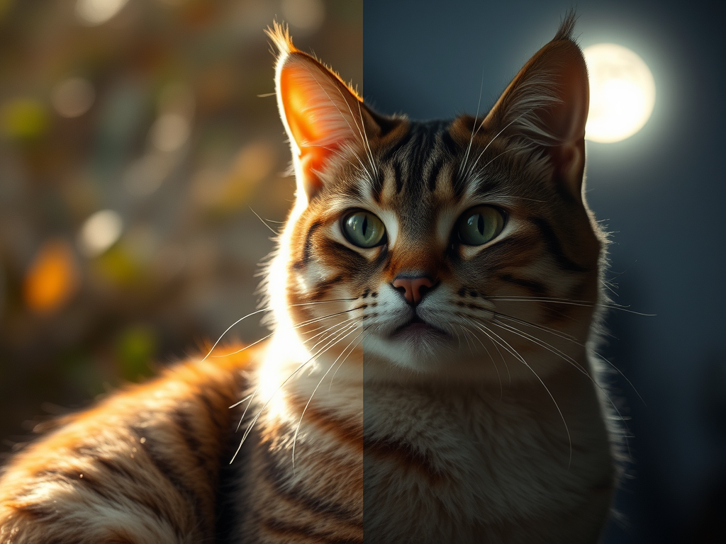 🐈 Why Cats Take the Night Shift: The Spiritual Meaning Behind Their Daytime Sleep 14 Image Prompt: Cat glowing faintly in sunlight during the day, then glowing silver under moonlight at night.