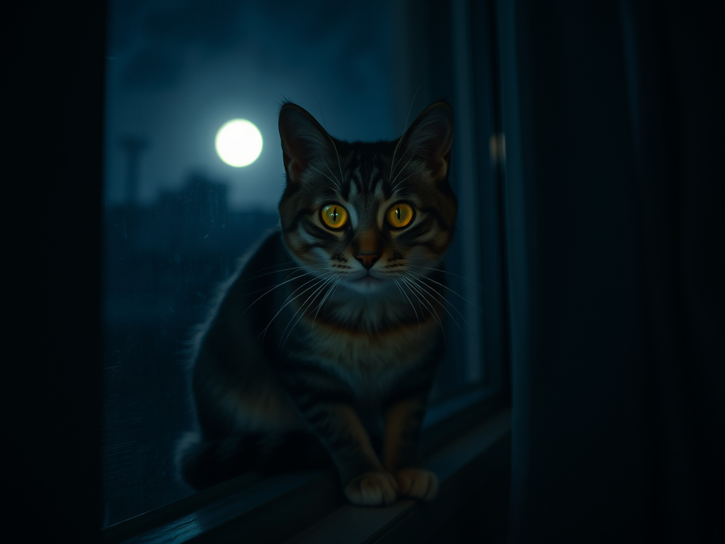 🐈 Why Cats Take the Night Shift: The Spiritual Meaning Behind Their Daytime Sleep 13 Image Prompt: Cat on a windowsill at night, eyes glowing mysteriously, watching silently.