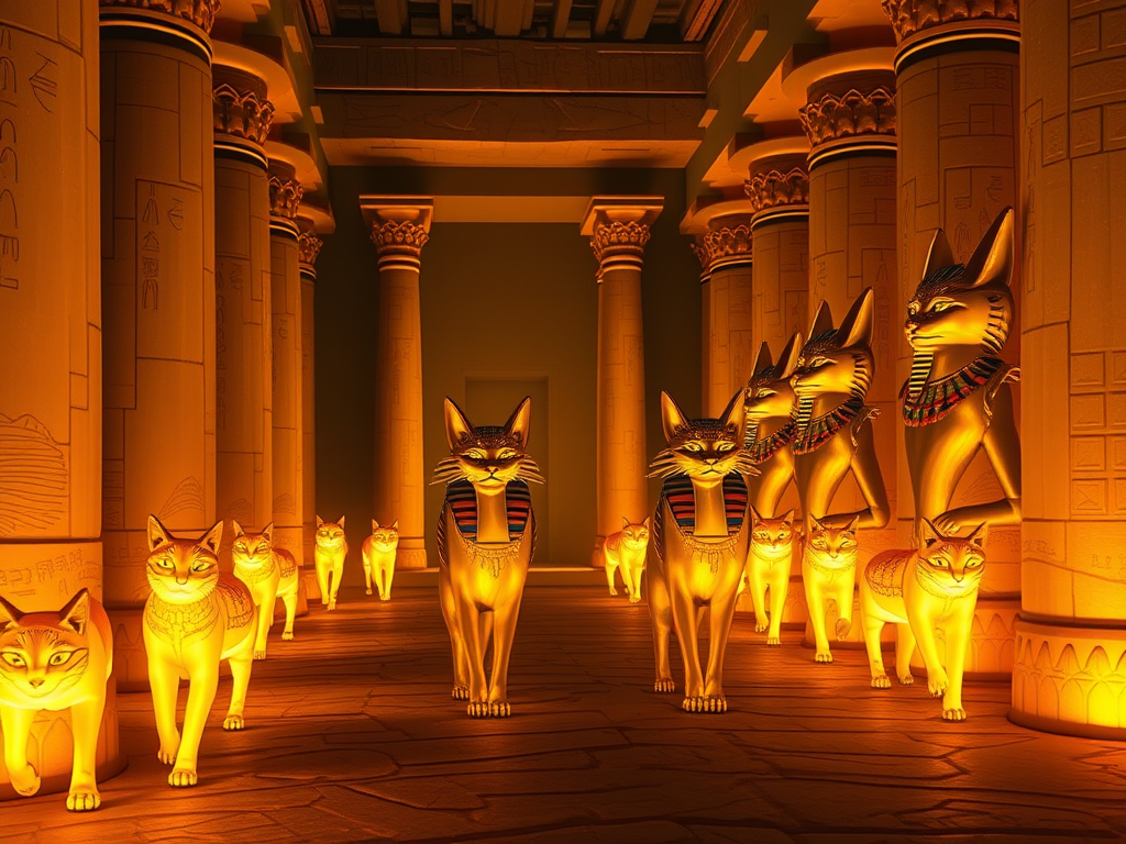 🐈 Why Cats Take the Night Shift: The Spiritual Meaning Behind Their Daytime Sleep 11 Image Prompt: Egyptian temple scene with golden statues of Bastet and glowing cats walking proudly.