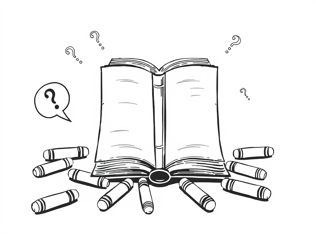 The Spiritual Meanings of Coloring and Painting: Healing Through Color Across Cultures 21 🖼️ Image Prompt for FAQ section: “Black-and-white outline of a book. Crayons with little speech bubbles contain question marks and stars.”