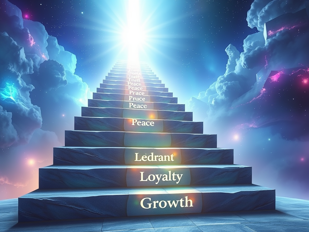 🖼️ Image Prompt for Outro: A staircase of glowing foundation stones labeled “Truth, Peace, Loyalty, Growth,” leading up into cosmic light.