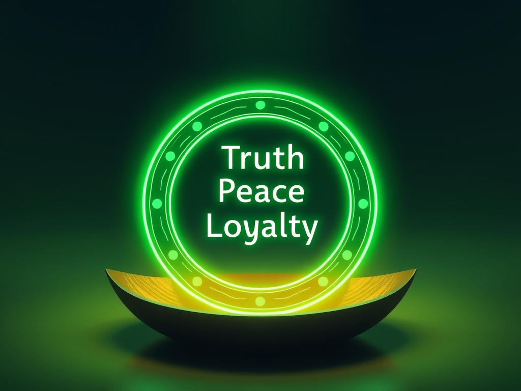 🖼️ Image Prompt: Meditation circle glowing green with words “Truth, Peace, Loyalty.”