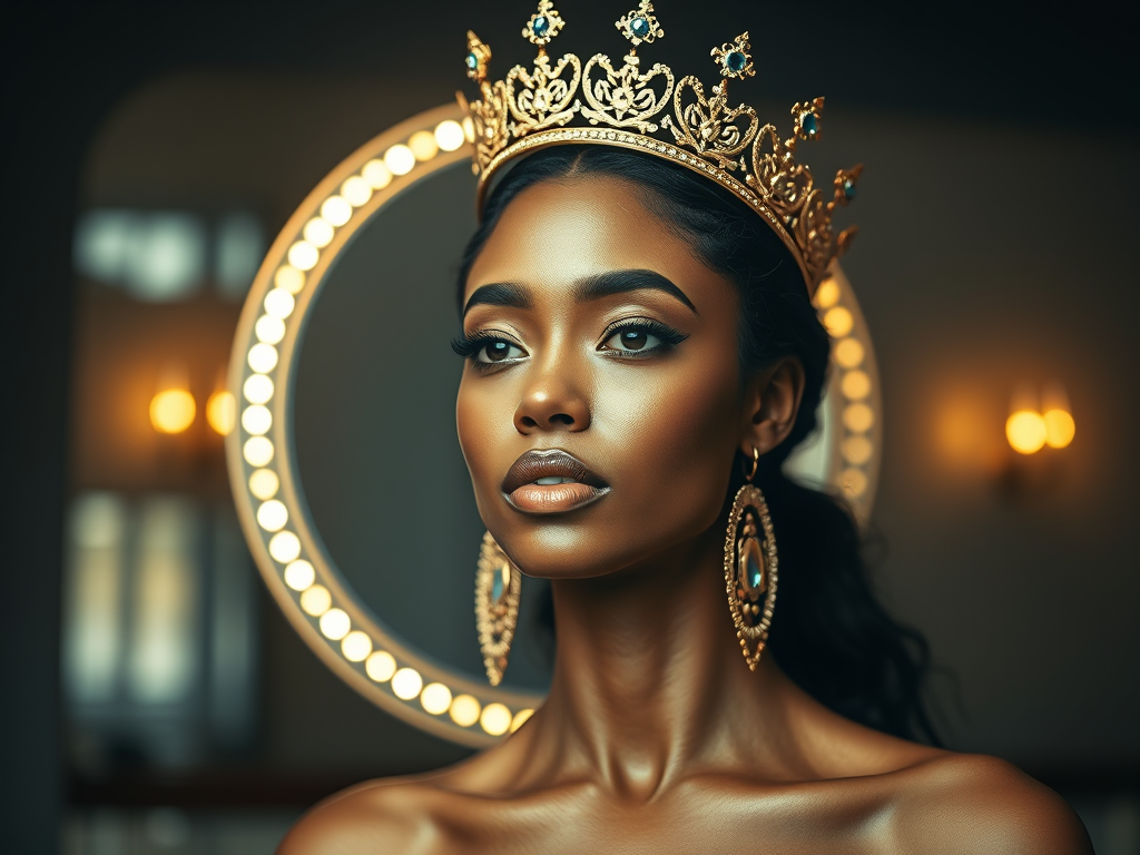 🖼️ Image Prompt: Person in a mirror wearing a glowing crown, golden affirmations floating around.