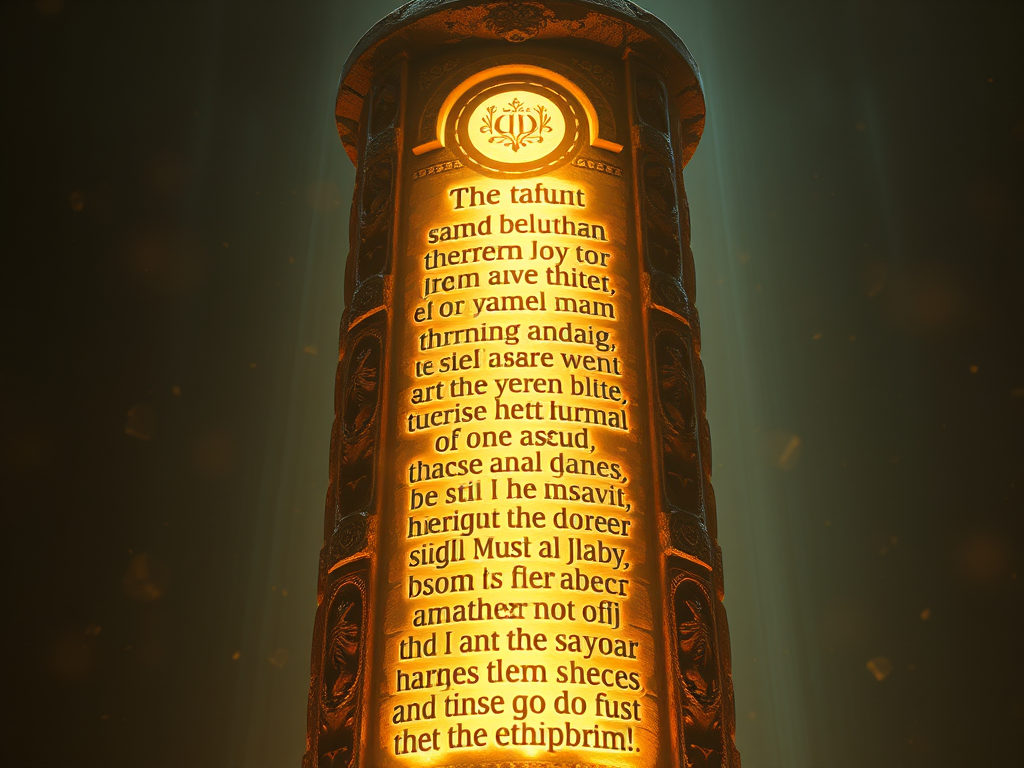 🖼️ Image Prompt: Sacred texts floating around a glowing stone pillar, each carved with symbols from Christianity, Islam, Judaism, and Hinduism.