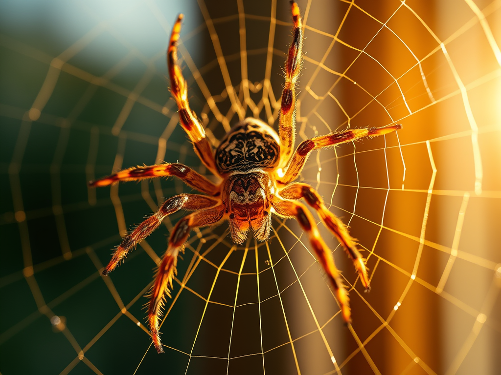 Harmless house spider by window with glowing web symbolising protection and creativity