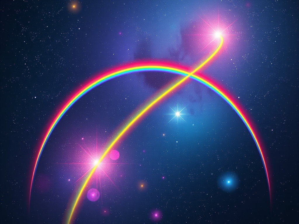“Modern Spiritual and New Age Meanings”
Prompt: “Modern minimalist art: double rainbow constellation against a cosmic galaxy background, neon spiritual energy, otherworldly.”