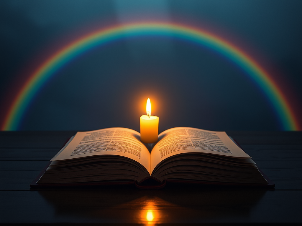 Subscribe and Continue the Journey”
Prompt: “A double rainbow arcing over an open journal beside a glowing candle—warm, inviting, reflective.”