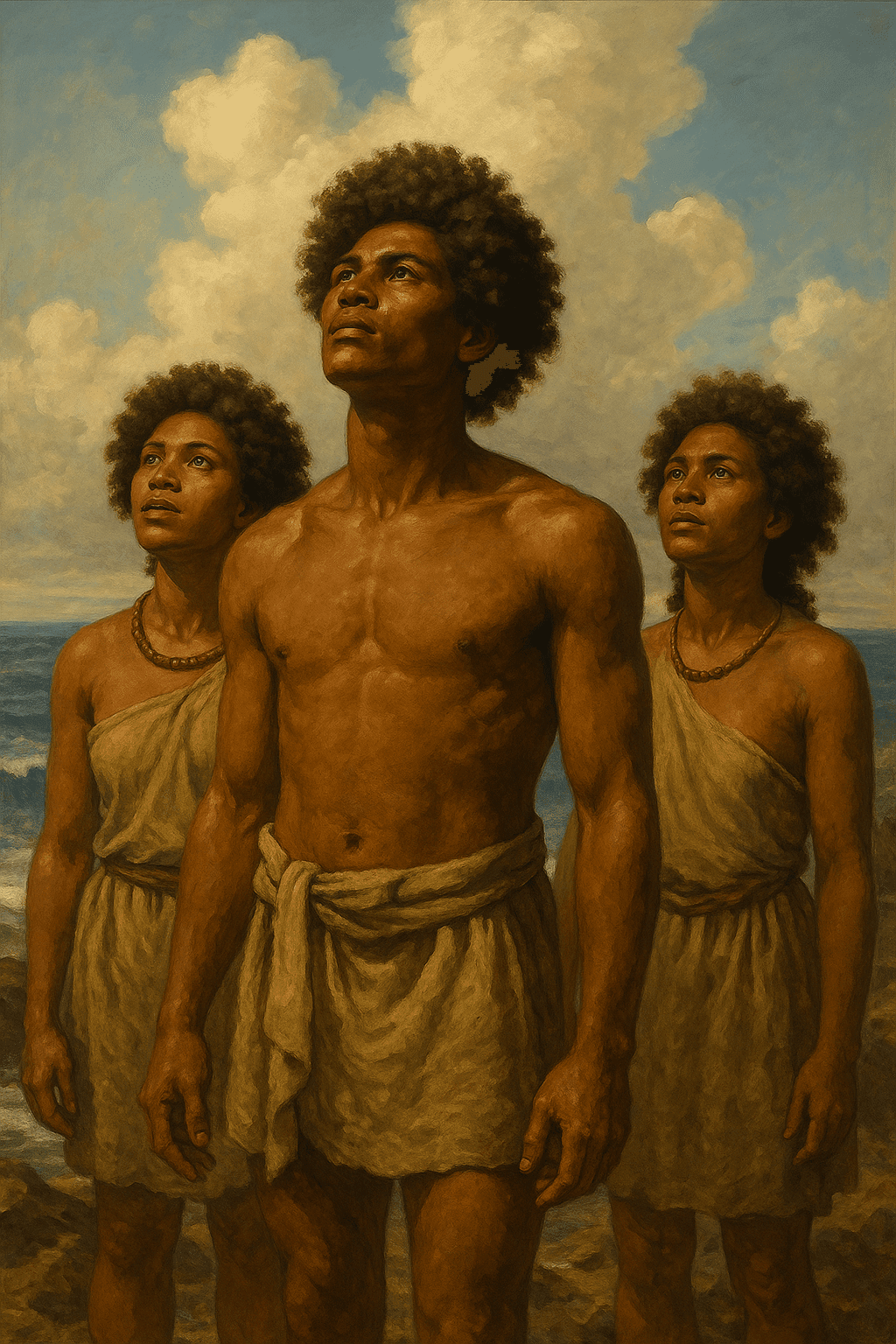 “Arawak people gazing toward the stars, symbolising their belief in Iti and cosmic origins.