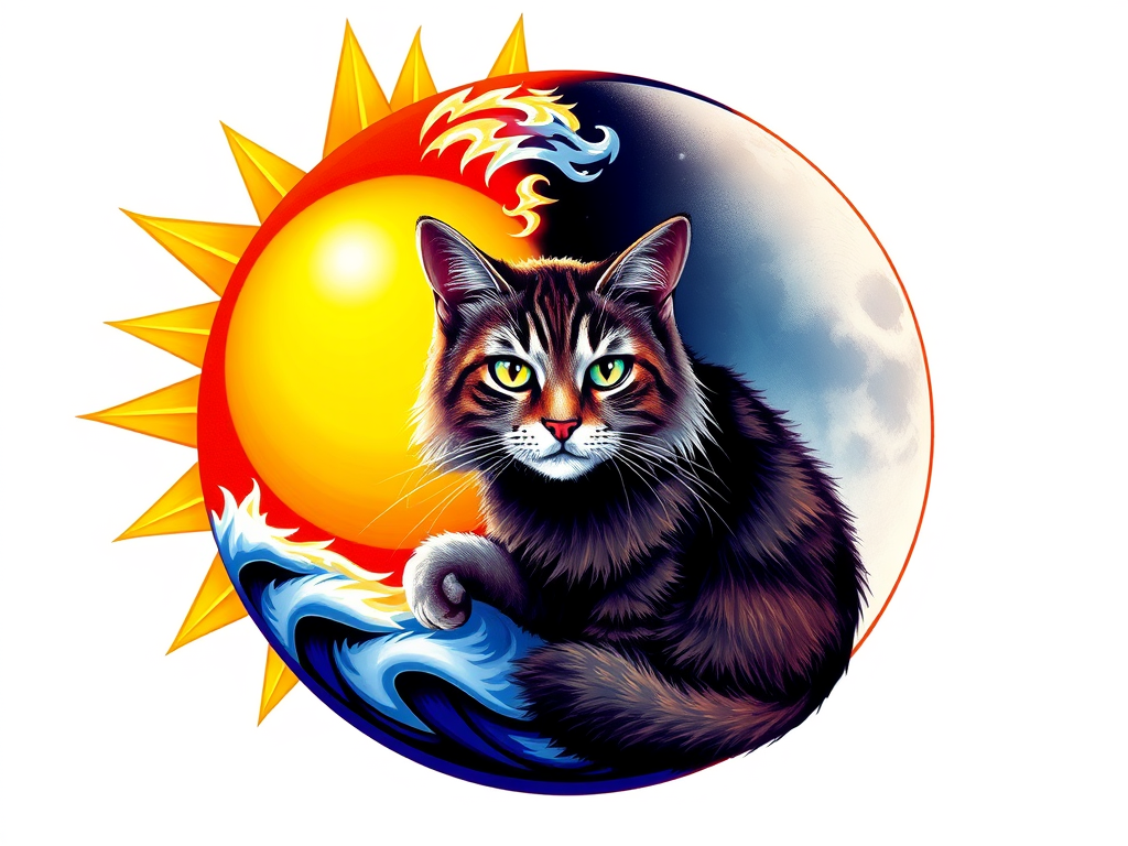 🐈 Why Cats Take the Night Shift: The Spiritual Meaning Behind Their Daytime Sleep 8 Yin-yang artwork with sun on one side, moon on the other, with a cat bridging both energies