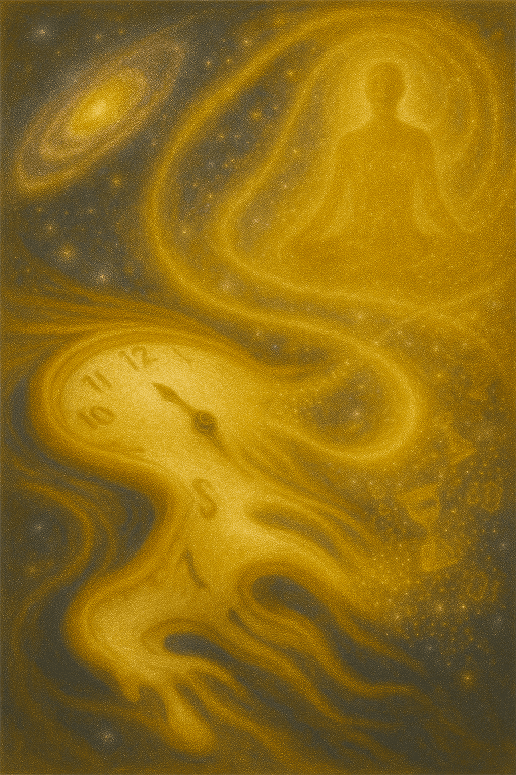 Abstract clock dissolving into stars and galaxies, symbolizing time glitches