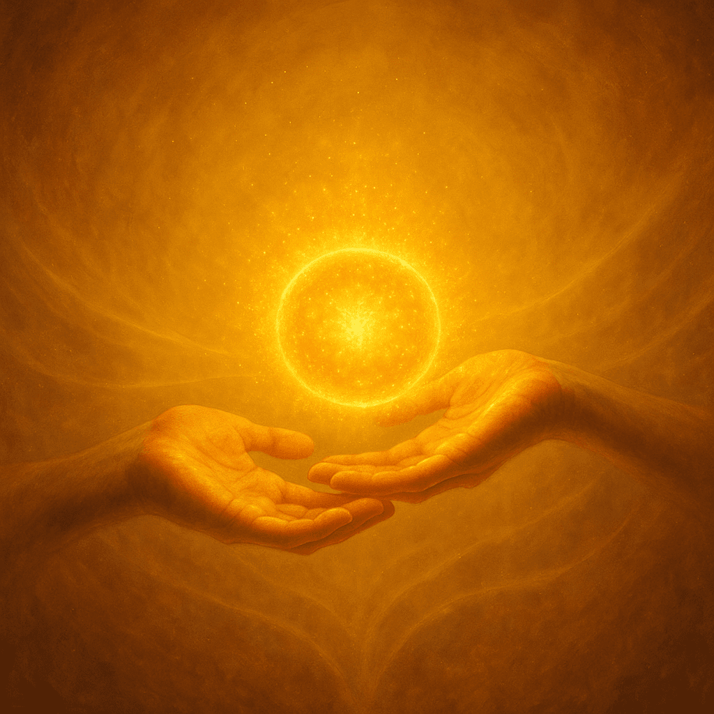 Two hands exchanging a glowing sphere of golden light representing integrity as currency