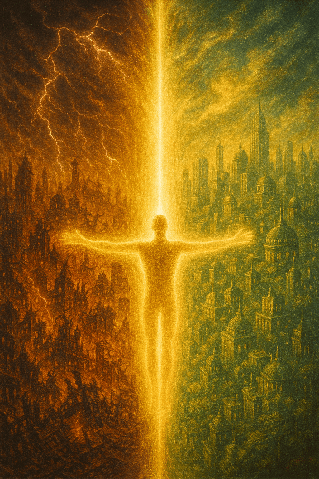 Ascension: What This Means for Man and Mankind 7 Contrasting cityscapes divided by a beam of light with a human outline connecting both