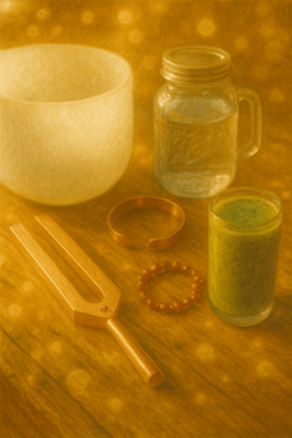 Ascension: What This Means for Man and Mankind 12 Flat lay of holistic tools including copper tuning fork, crystal bowl, alkaline water jug, and smoothie
