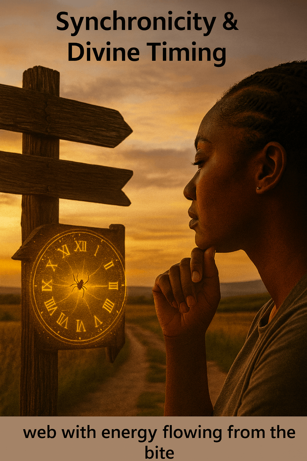 Person standing peacefully in spirals of golden light with subtle spider web patterns, symbolising harmony and integration