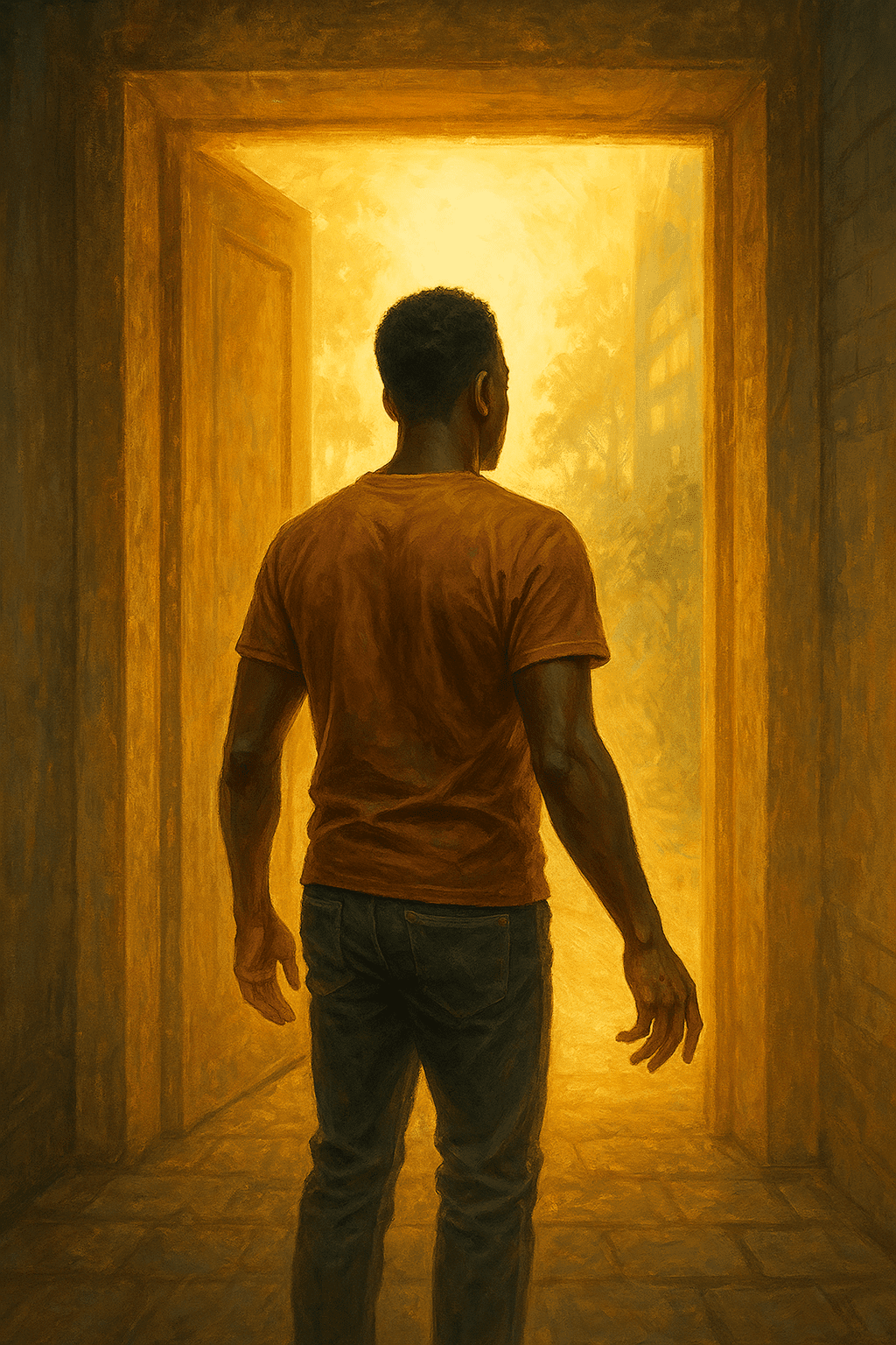 Person pausing at a forest web across the path, symbolising choices and connection