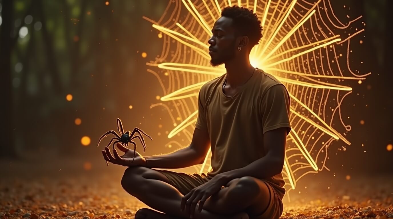 Black man in reflective light with subtle spider symbolism, representing a spiritual wake-up after a spider bite